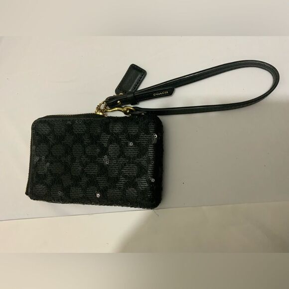 Coach Wristlet Poppy Black Sequin Signature  Zip Bag - Picture 1 of 7